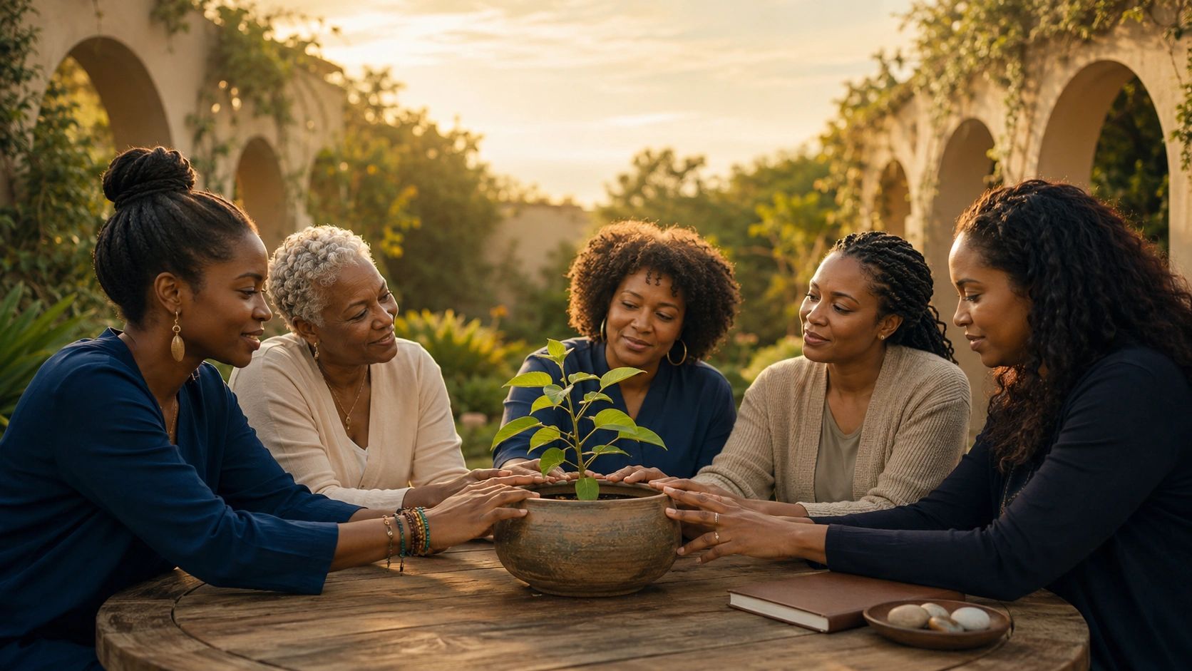 Five Black women of different generations gather around a young plant, symbolizing collective suppor