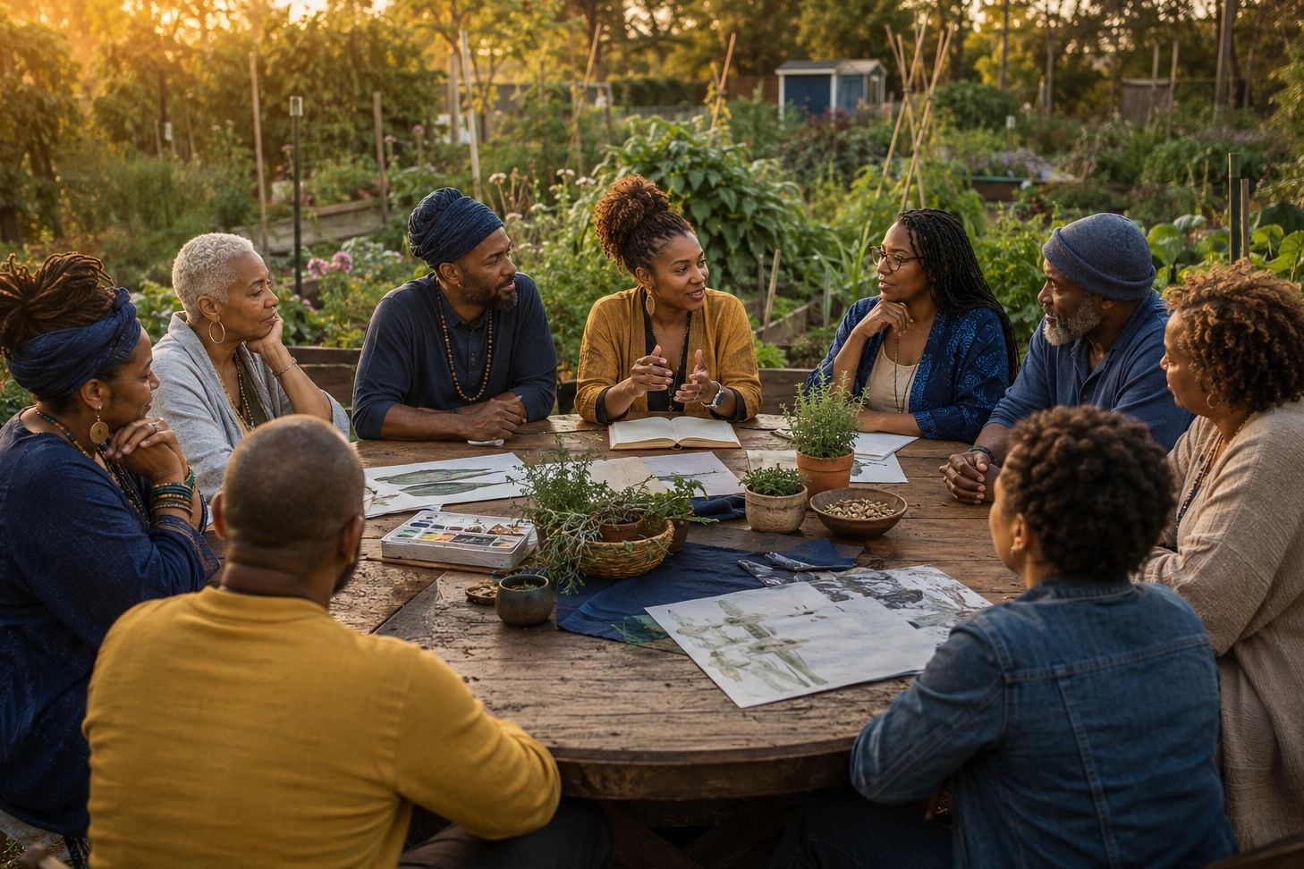 Diverse community practitioners and leaders gathering around a table in a flourishing community gard