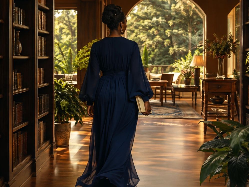 Woman in a blue dress walking in a beautifully lit room.