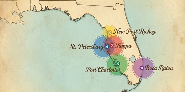 Map showing Florida cities with colored zones: Tampa, St. Petersburg, New Port Richey, Port Charlotte, Boca Raton.