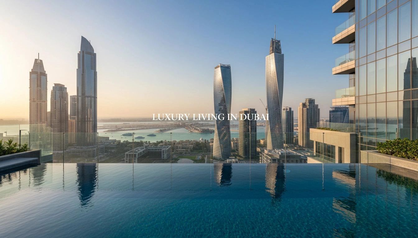 Infinity pool overlooking Dubai's skyline with luxury living text.