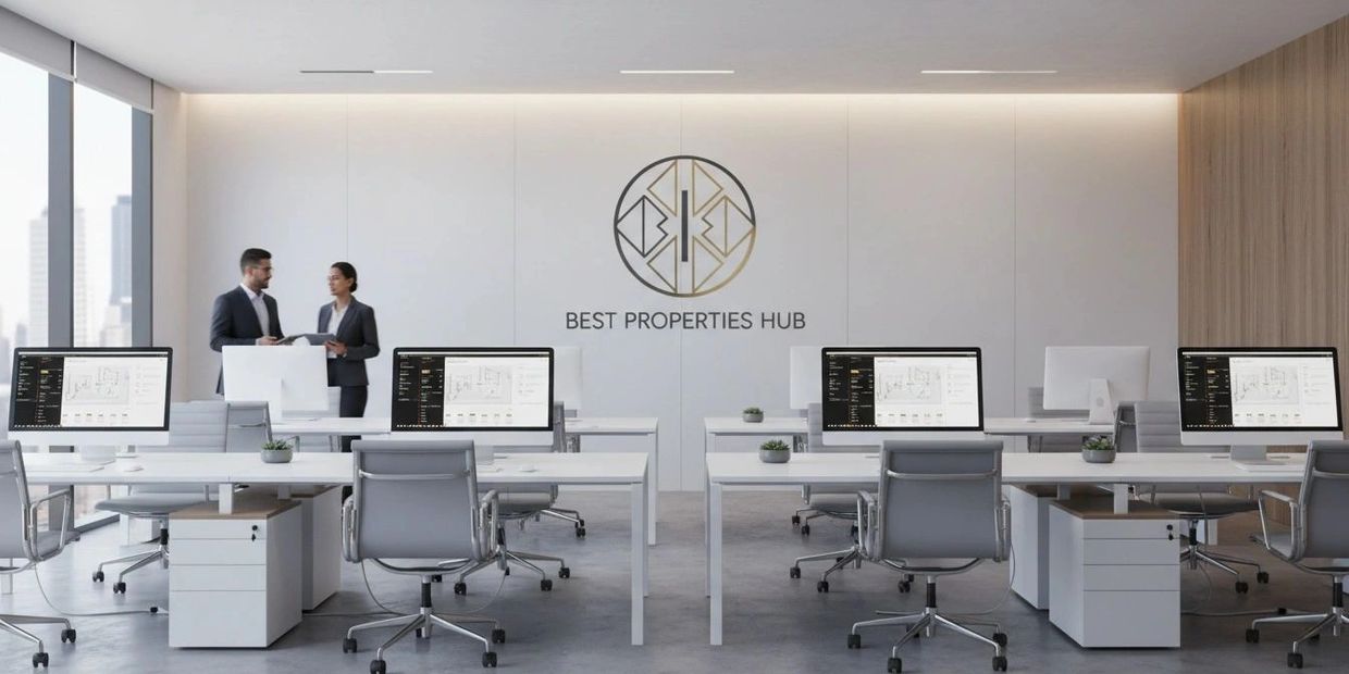 Modern office space with sleek white desks and computers, two professionals conversing.