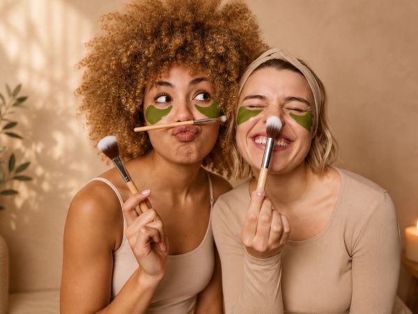 Two people enjoying a soft skincare moment with Carson Clean Co. products and warm natural light.