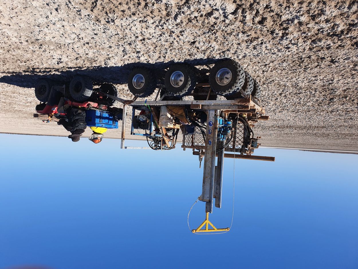 Our Eco-mini 66Hz sonic set up on a Heli portable trailer for drilling on Salt lakes.