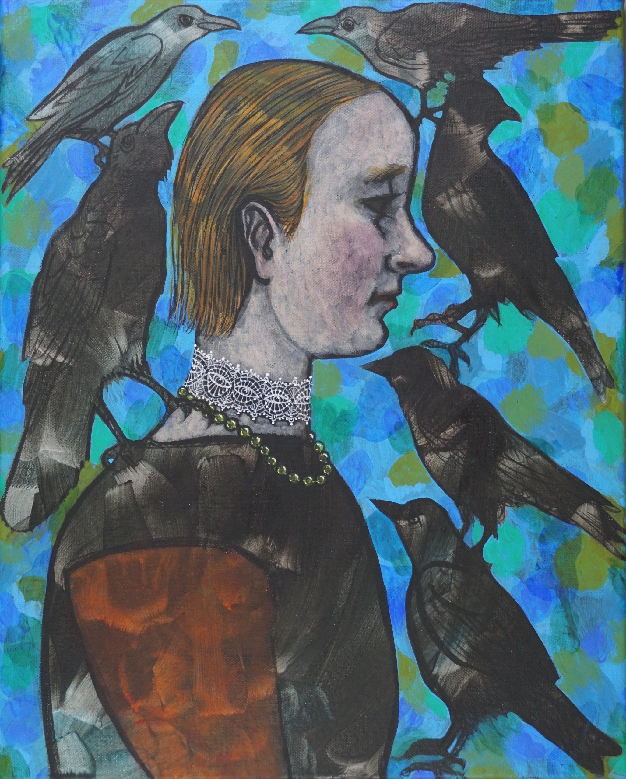 Pale Girl with Lace Collar & Corvids
gouache & acrylic on canvas, 40x50cm, 2020