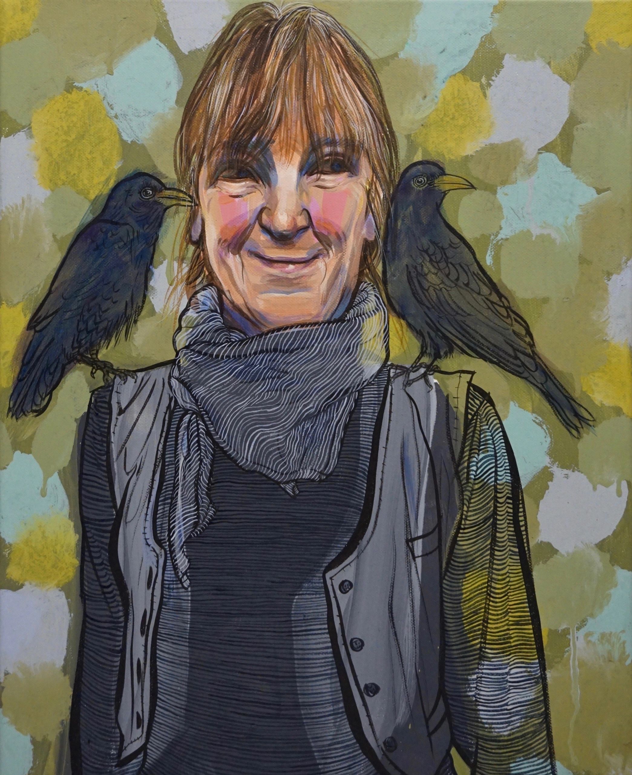 Woman with Stripes & Blackbirds
gouache & acrylic on canvas, 40x50cm, 2020