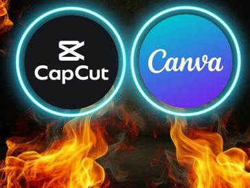 Glowing logos of CapCut and Canva surrounded by flames on a dark background.