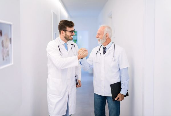 Two happy doctors meeting at work and shaking hands.