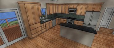 open floor plan, kitchen island, granite counters