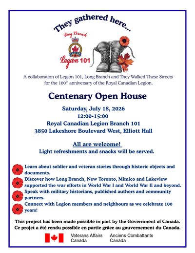 Centenary Open House for the Royal Canadian Legion on July 18, 2026. Poster.