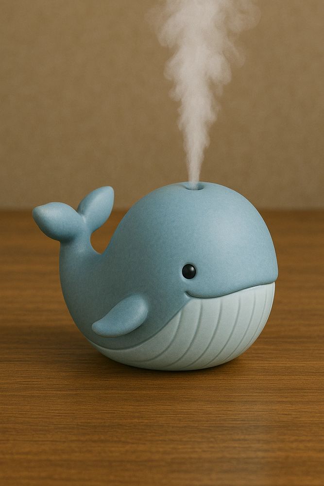 A cute whale-shaped humidifier emitting mist.