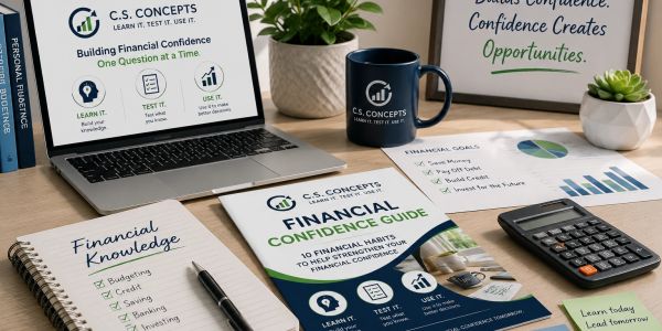 Desk setup with financial planning materials and a laptop.