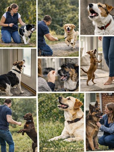 Various dogs interacting with humans outdoors and indoors, showing training and play.