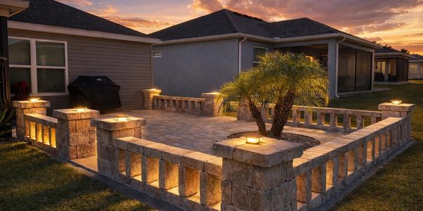 Stone patio with warm lighting and a small palm tree at sunset.