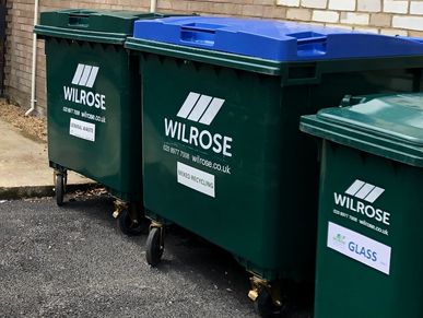 Sutton waste management bins in a line.  general waste sutton bin, recycling sutton bin, glass bin.