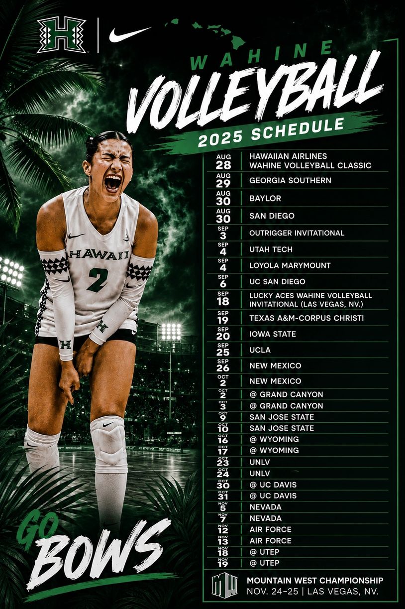 Wahine Volleyball 2025 schedule with player in action.
