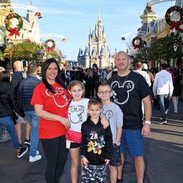 Family posing happily in front of Cinderella Castle at Disney World.