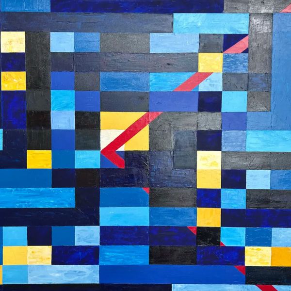 Abstract geometric painting with blue, yellow, and red squares and rectangles.