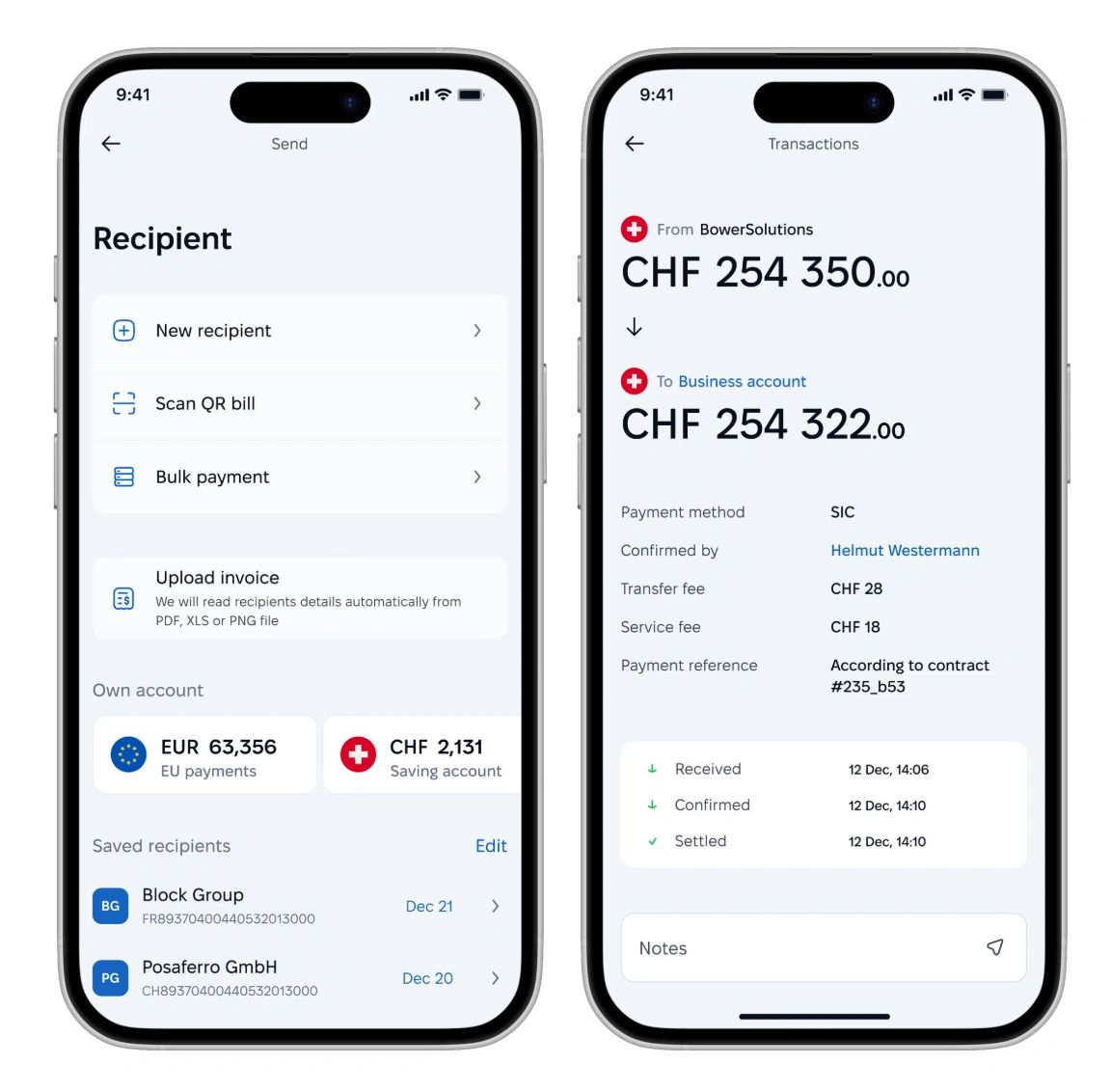 Mobile app screens showing recipient selection and transaction details for payments in CHF and EUR.