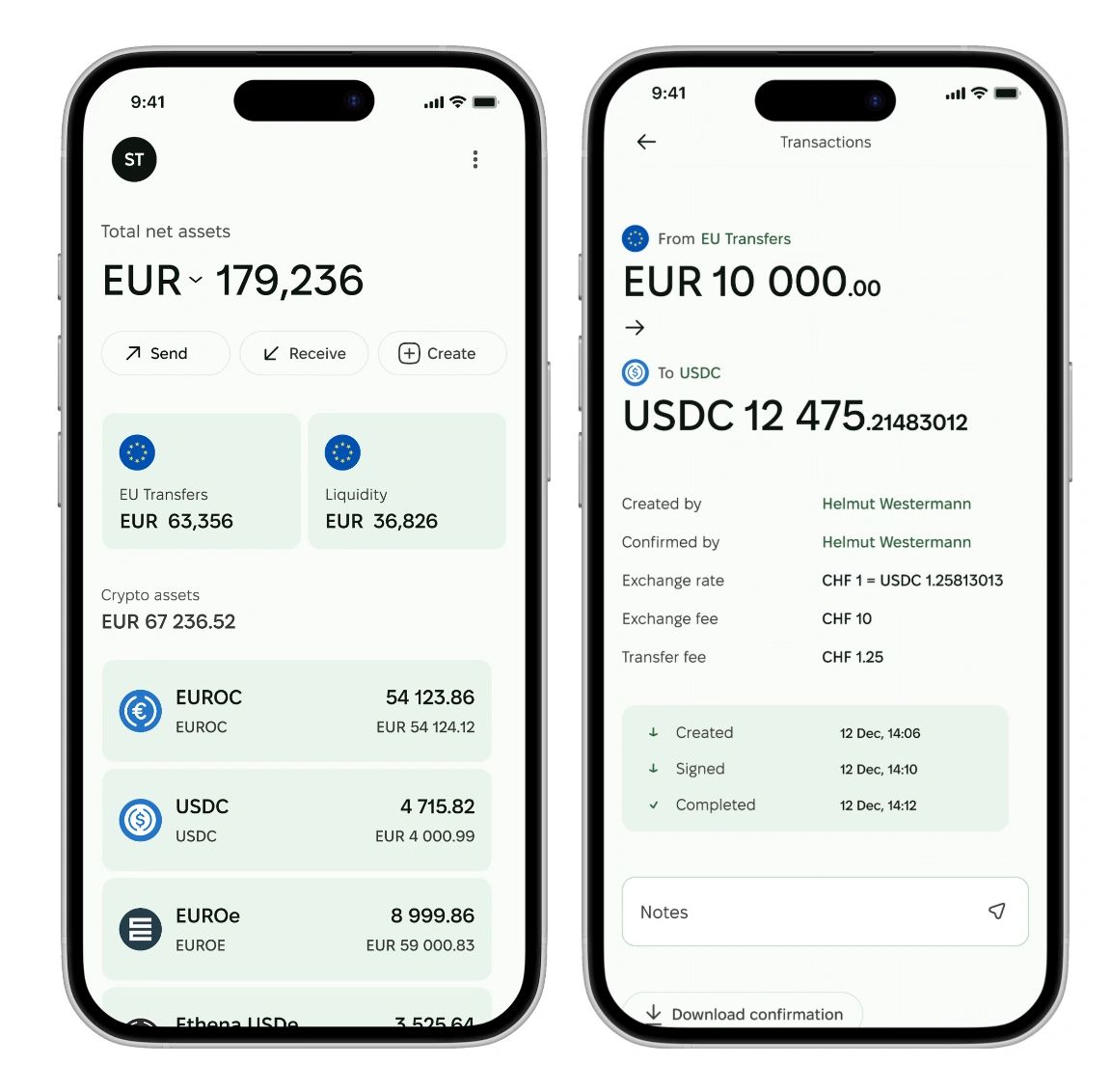 Two smartphones showing a financial app with net assets and transaction details.