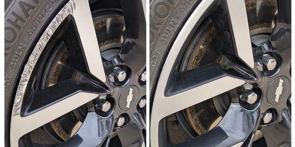 Before and after picture of a damaged wheel in one picture and a repaired wheel in the next picture.