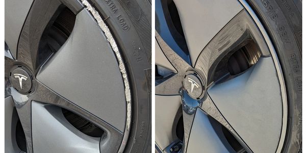 Before and after picture of a damaged wheel in one picture and a repaired wheel in the next picture.