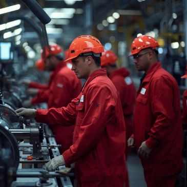 Workers in red uniforms and helmets operate machinery in a factory.