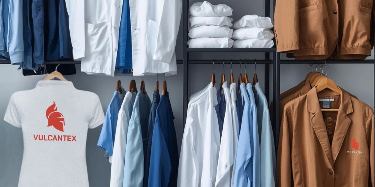 Organized clothing rack with medical and brown jackets, featuring VULCANTEX logo on select items.