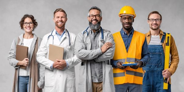 Group of professionals from different fields standing together confidently.