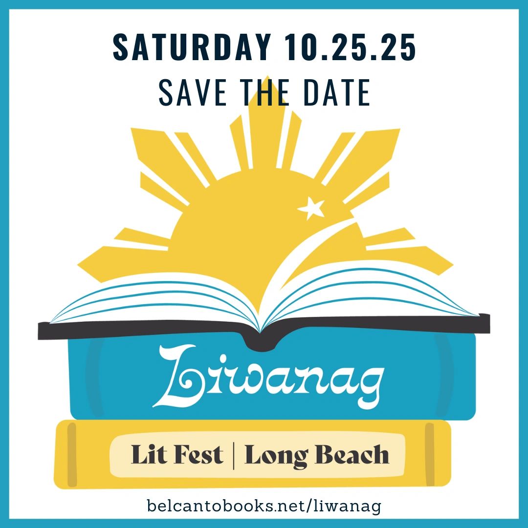 A yellow sun emerging from an open book on top of yellow & teal books with text "Liwanag Lit Fest"