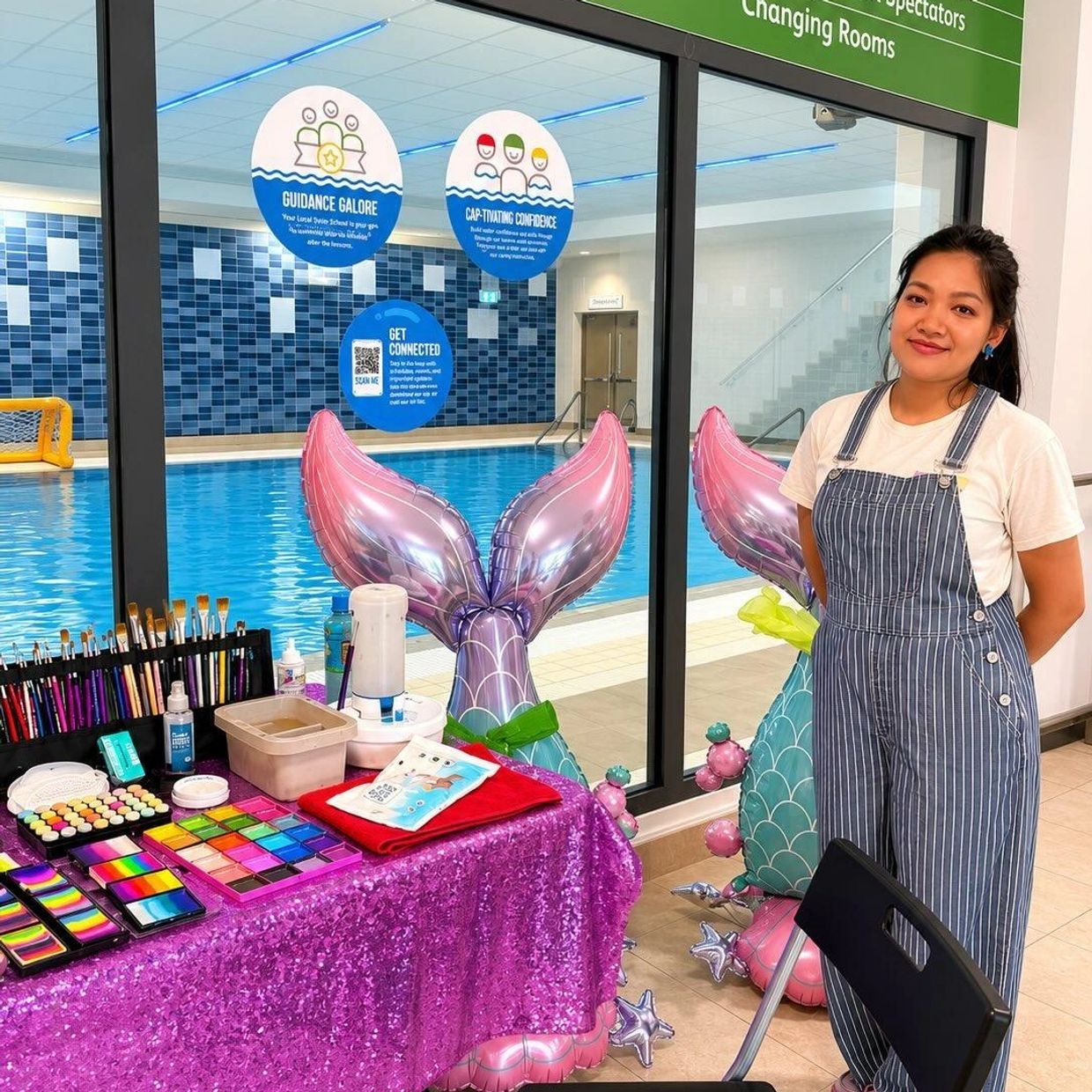 Woman standing next to a colorful face painting setup by a pool.
