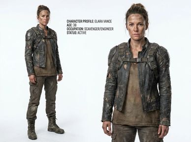 Elara Vance in rugged scavenger gear.