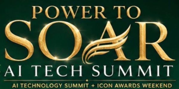 Gold and white text on dark background for SOAR AI Tech Summit event.