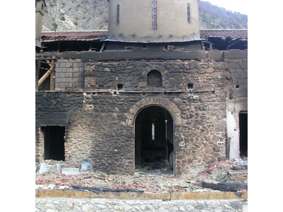 A burnt and desecrated serbian orthodox church in Kosovo and Metohia