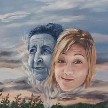 Two faces emerge from smoke above a house at dusk.