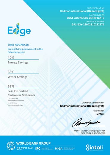Certificate awarded to Kadmar International (Depot Egypt) for EDGE Advanced sustainability achievements.