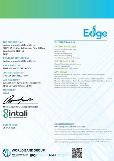 EDGE advanced certificate for Kadmar International in Egypt, issued by Sintali.