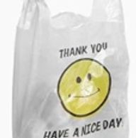 Plastic bag with smiley face and thank you message.