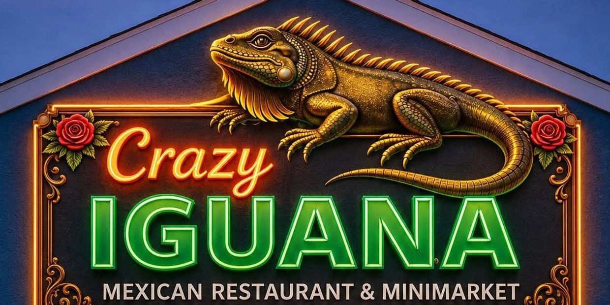 Bright neon sign for Crazy Iguana Mexican Restaurant and Minimarket.