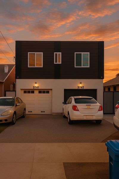 Modern duplex with two garages at sunset under a colorful sky.