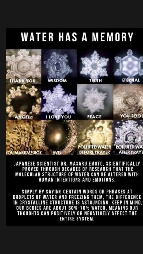 Images of water crystals reacting to different words and emotions.