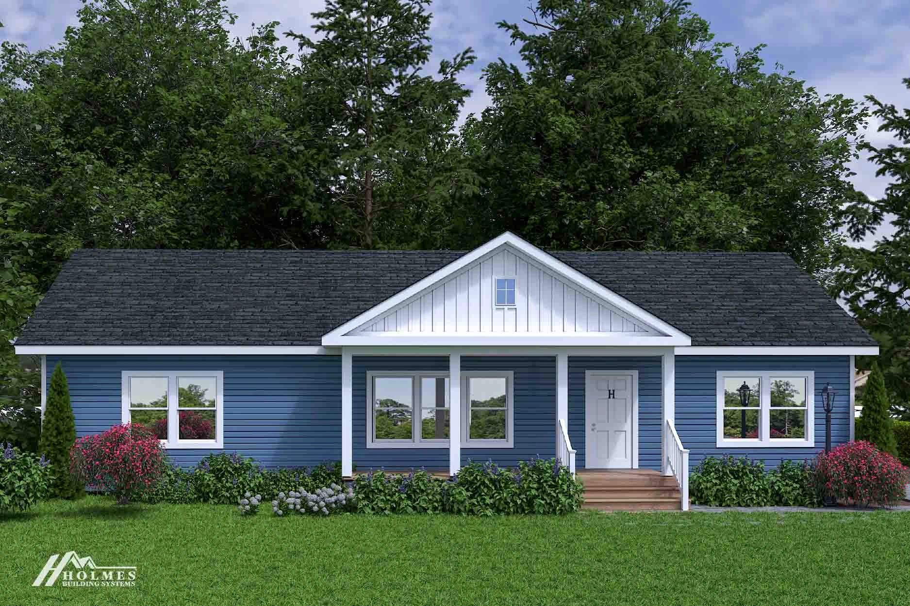 Blue house with white trim and surrounding greenery.
