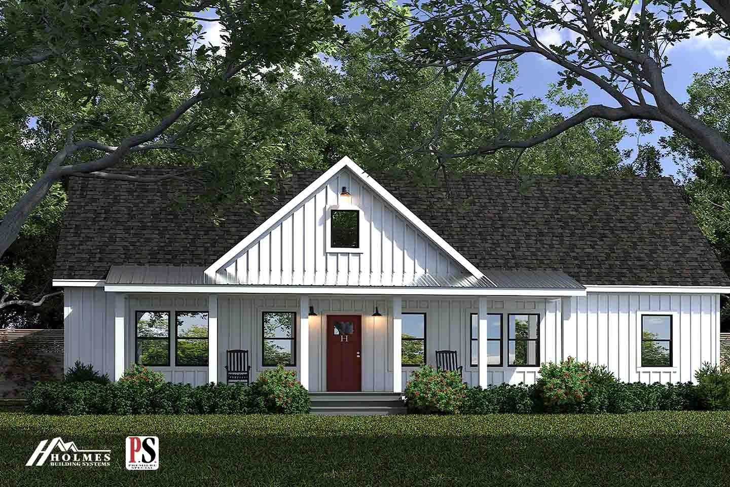 Modern white farmhouse with a red door and lush greenery.