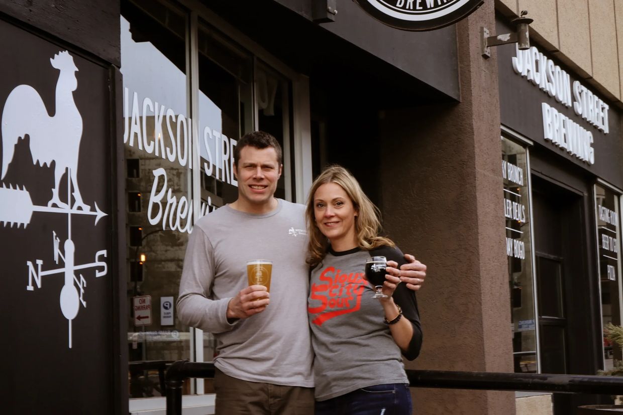 Dave Winslow and Tia Heidebrecht, Jackson Street Brewing's owners are outside the taproom. 