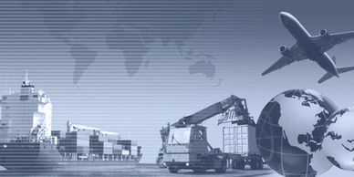 Global logistics depicted with ship, crane, plane, and globe.