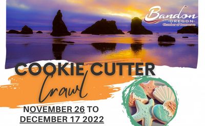 Sunset beach scene promoting Bandon, Oregon's Cookie Cutter Crawl event.