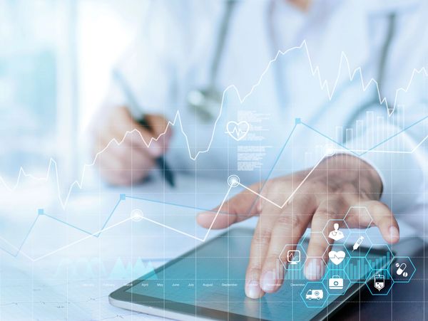 Medical examination and doctor analyzing medical report network connection on tablet screen