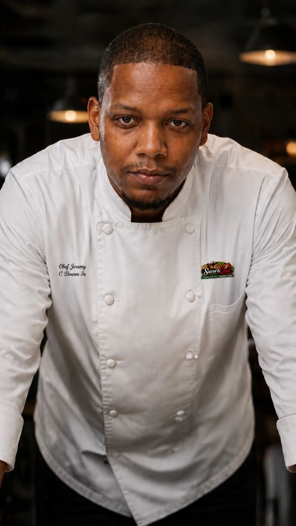 A confident chef in a white uniform leans forward with a focused expression.