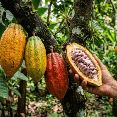 Cacao pods growing on a tree with one opened to reveal seeds inside.
