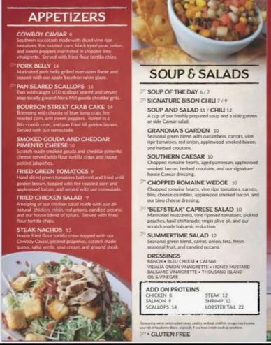Menu featuring appetizers and soups & salads with gluten-free options.